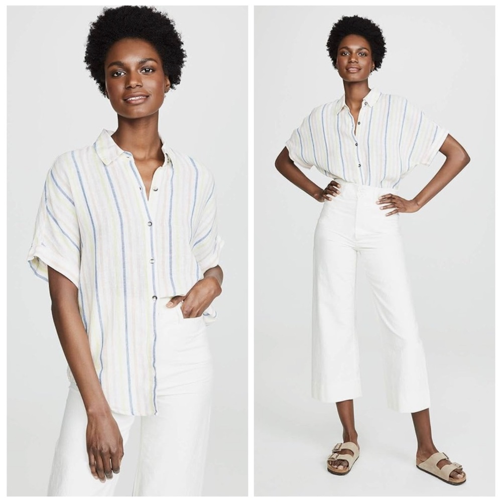 Splendid Short Sleeve Button-up Shirt White Stripe Linen Pink Yellow Blue S